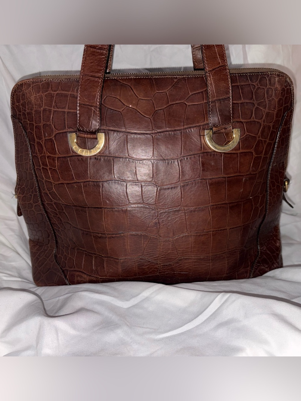 Vintage Celine Croc-Embossed Leather Tote Bag – Brown